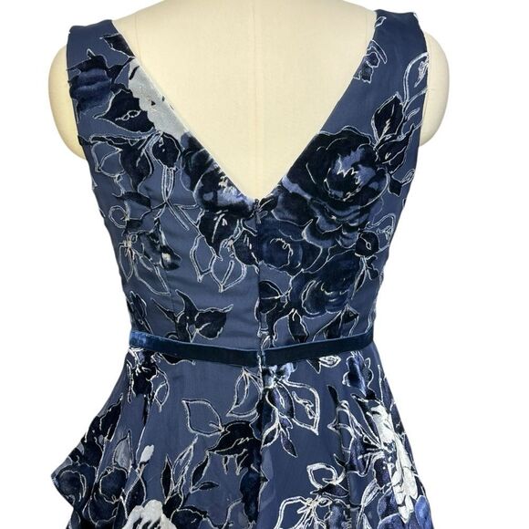 Marchesa Navy Blue Floral Velvet Textured Tiered Cocktail Midi Dress | Size 4 - Picture 7 of 13